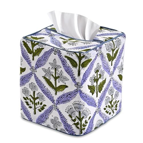 Ridhi Light Steel Blue Block Print Tissue Box Cover Handmade Cotton Fabric Decorative Square Napkin Holder for Home Bedroom Living Room Bathroom Vanity Countertop Car Night Stands Office Kitchen | Amazon (US)