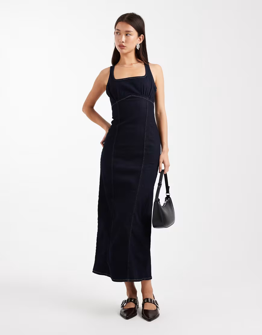 Miss Selfridge fitted denim midi dress in indigo wash-Navy | ASOS (Global)