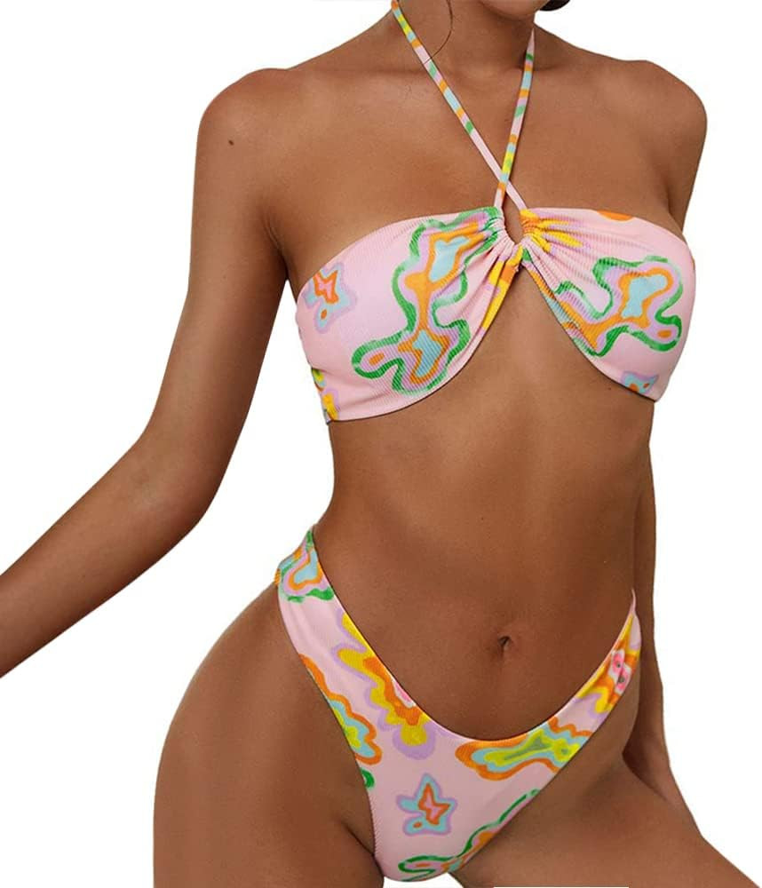 ZAFUL Women's Tie Dye Ribbed O Ring Lace Up Tie Side Bandeau Bikini Set Swimsuit | Amazon (US)