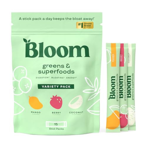 Bloom Nutrition Superfood Greens Powder Stick Packs, Digestive Enzymes with Probiotics and Prebiotics, Gut Health, Bloating Relief for Women, Chlorella, Green Juice Mix, 15 SVG, 3 Flavor Variety | Amazon (US)