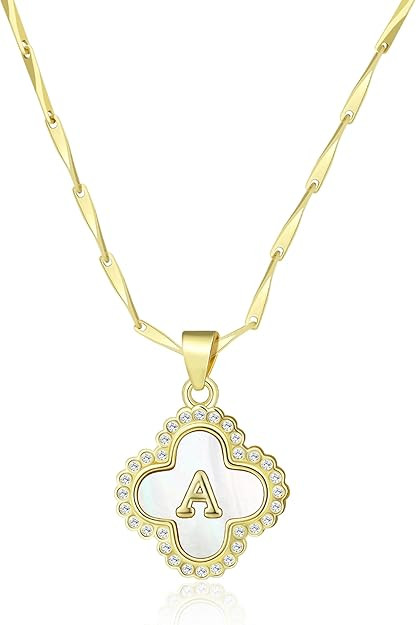 LETFLY Four Leaf Clover Initial Necklaces for Women, 14K Gold Plated Natural Shells Clover Letter... | Amazon (US)