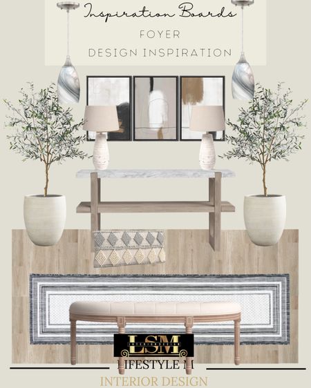 Foyer Design Inspiration. Recreate the look at home. These home decor and furniture items are on sale too! Wood marble console table, white foyer runner, wood upholstered bench, white tree planter pot, faux fake tree, wood floors, table lamp, throw pillow, wall art, foyer pendant lights.

#LTKsalealert #LTKSale #LTKhome