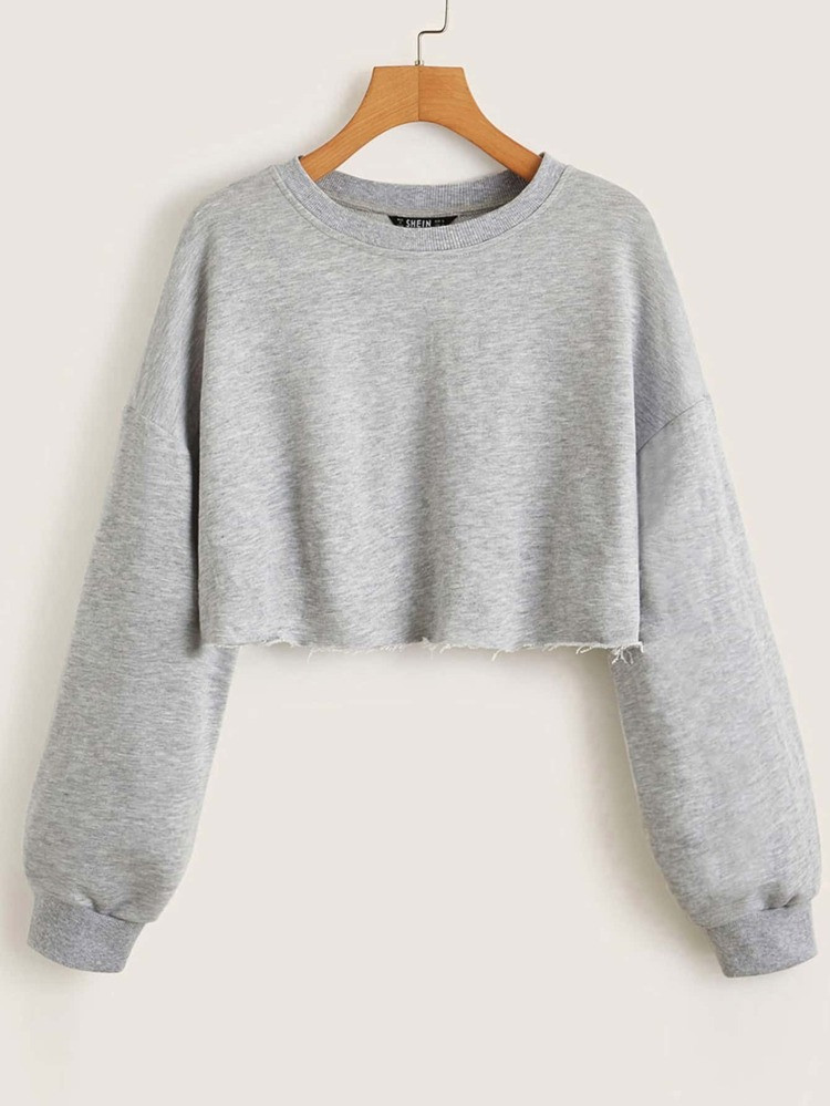 SHEIN BASICS Drop Shoulder Raw Hem Crop Pullover | SHEIN