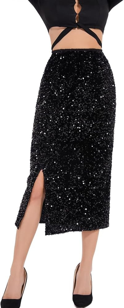 Women's Sequin Velvet Skirt Elastic High Waist Sparkle Split Hem Night Out Party Maxi Skirt | Amazon (US)