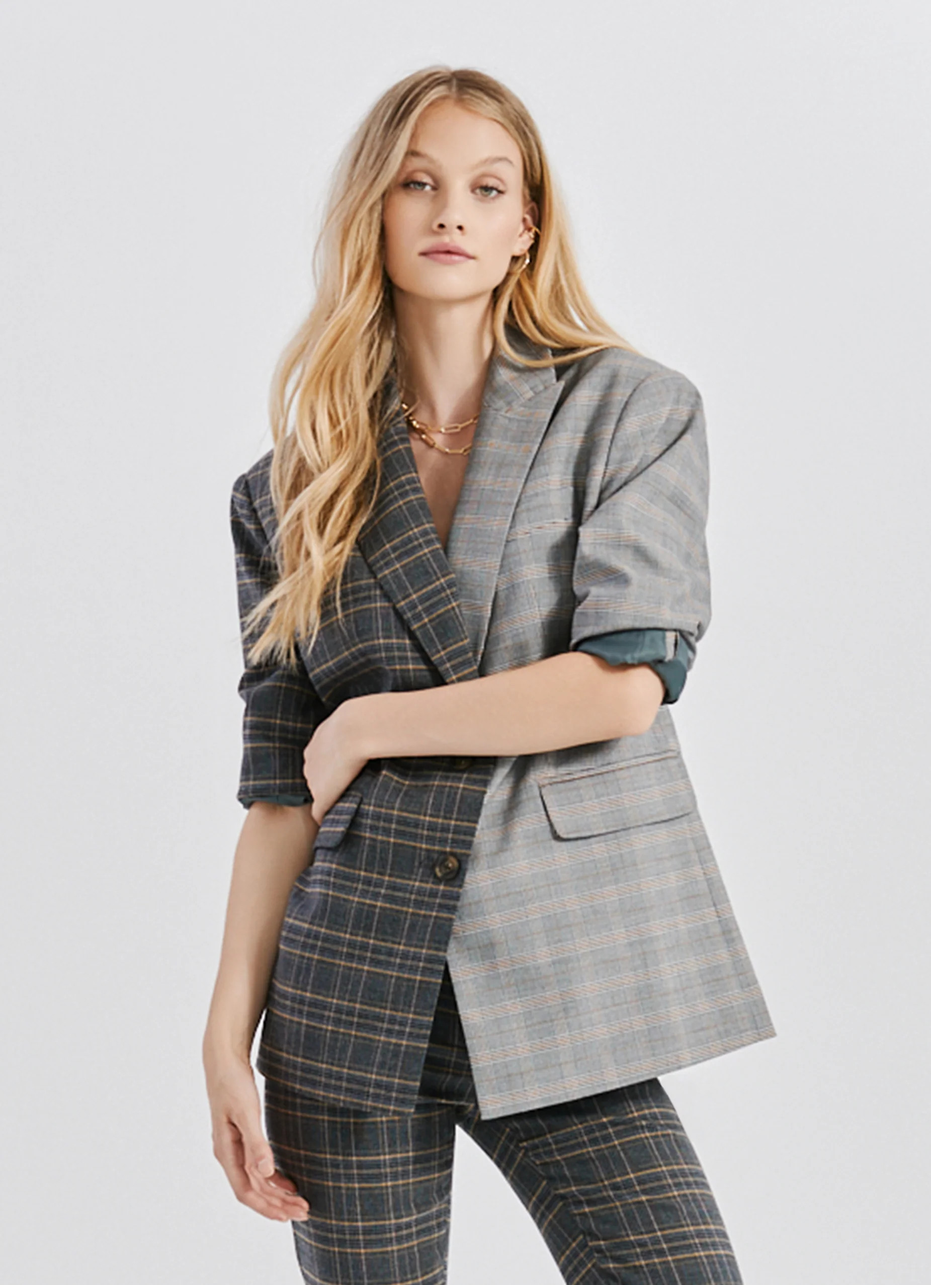 Oversized Contrast Plaid Blazer Brown Combo | Something Navy | Something Navy
