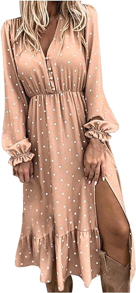 Womens Autumn Boho Polka Dot Long Sleeve Dress Trendy Casual V-Neck Button Down Ruffle Slit Loose... | Amazon (US)