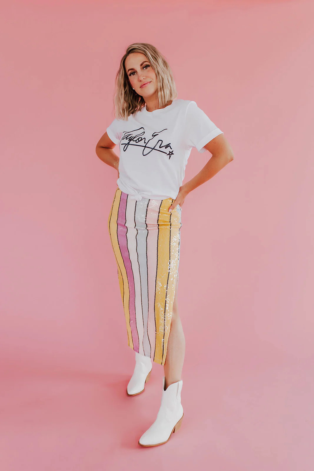 THE SEQUIN MIDI SKIRT IN PASTEL STRIPE | Pink Desert