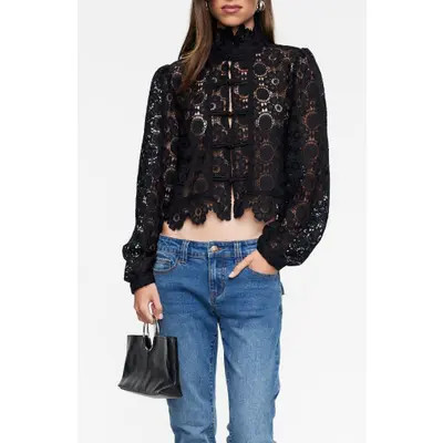 LIONESS Overtime Lace Top in Noir at Nordstrom, Size Medium | Nordstrom