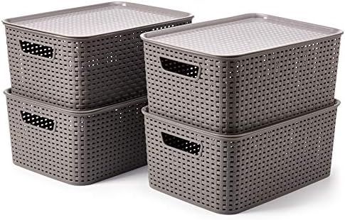 EZOWare Set of 4 Large Plastic Weaved Storage Baskets with Lids, Shelf Storage Boxes for Living R... | Amazon (UK)