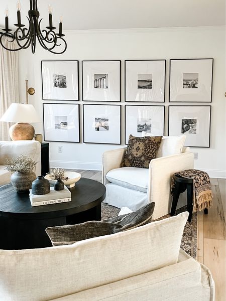 Neutral living room ideas, Target accent chair, Pottery Barn coffee table, Troy lighting lamp

#LTKhome