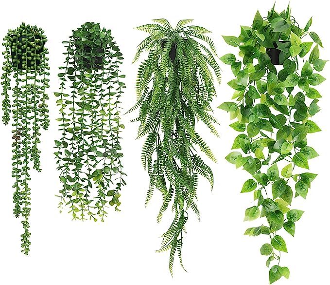 JPSOR Fake Hanging Plants, 4 Pack Artificial Potted Greenery Faux Eucalyptus Vine, Boston Fern, S... | Amazon (US)