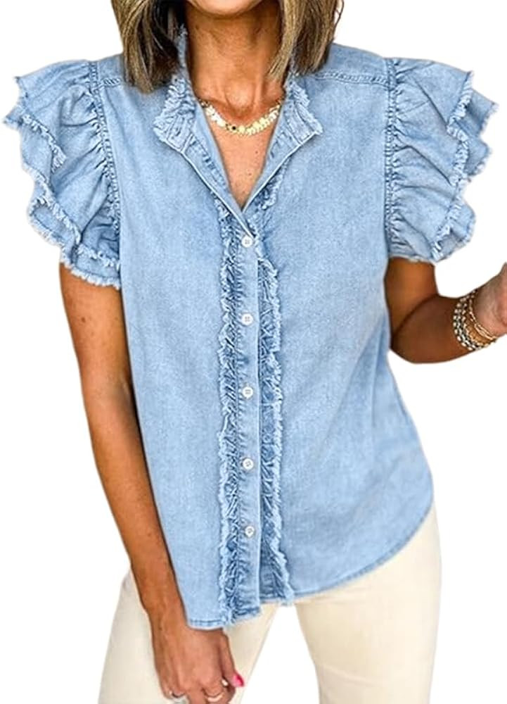Chvity Summer Women's Button Down Denim Tops Ruffled Flutter Sleeve Blouse V Neck Casual Shirt To... | Amazon (US)