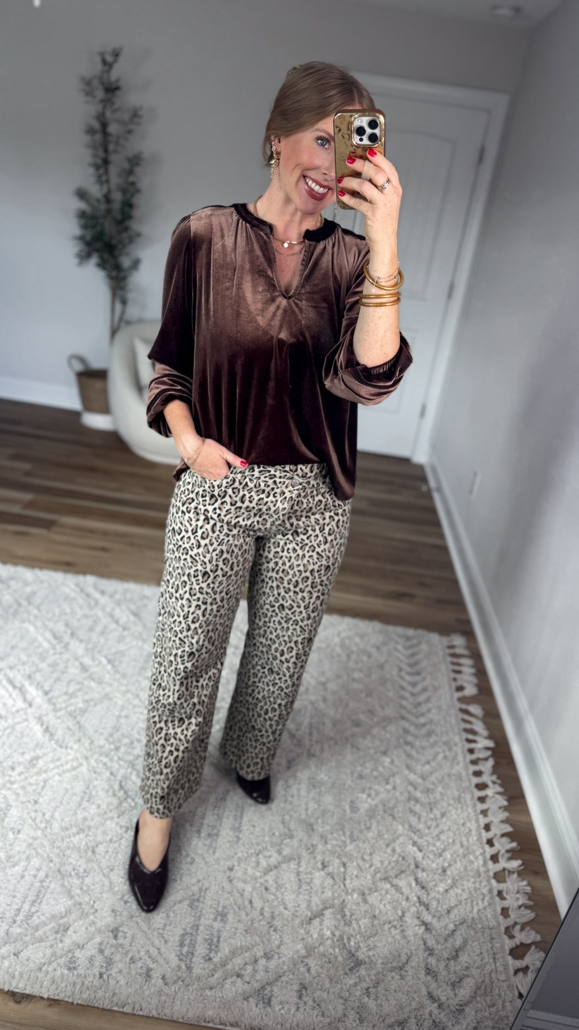 Daily try on, Walmart outfit, Walmart fashion, Walmart try on, scenario, velvet top, leopard jeans