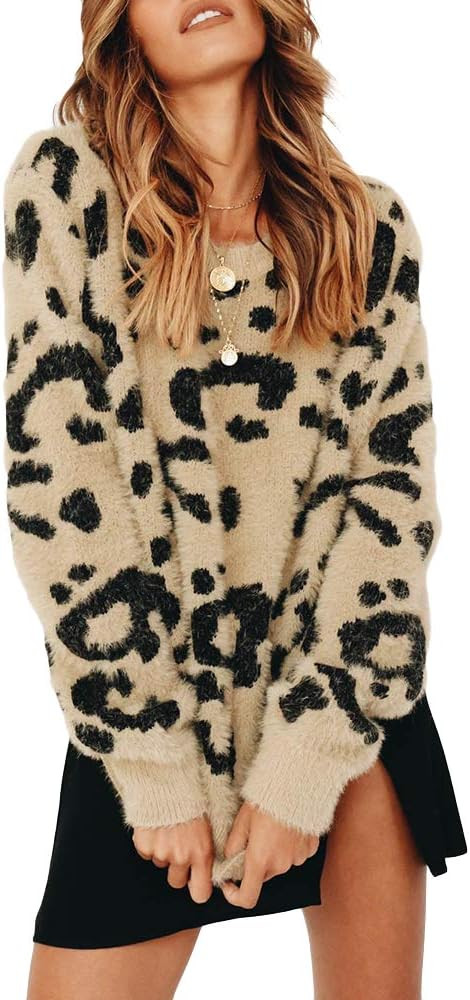 Saodimallsu Womens Leopard Crewneck Sweater Oversized Casual Loose Basic Sherpa Pullover Knit Jum... | Amazon (US)