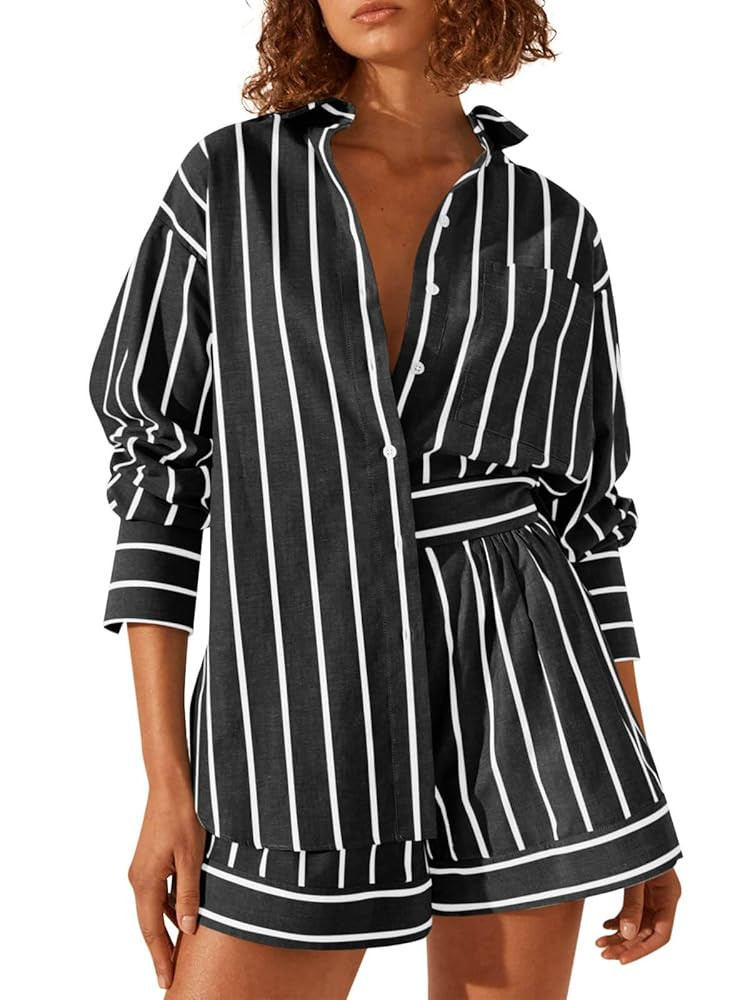 Tankaneo Womens 2 Piece Outfits Striped Long Sleeve Button Down Collared Shirt Matching Shorts Se... | Amazon (US)