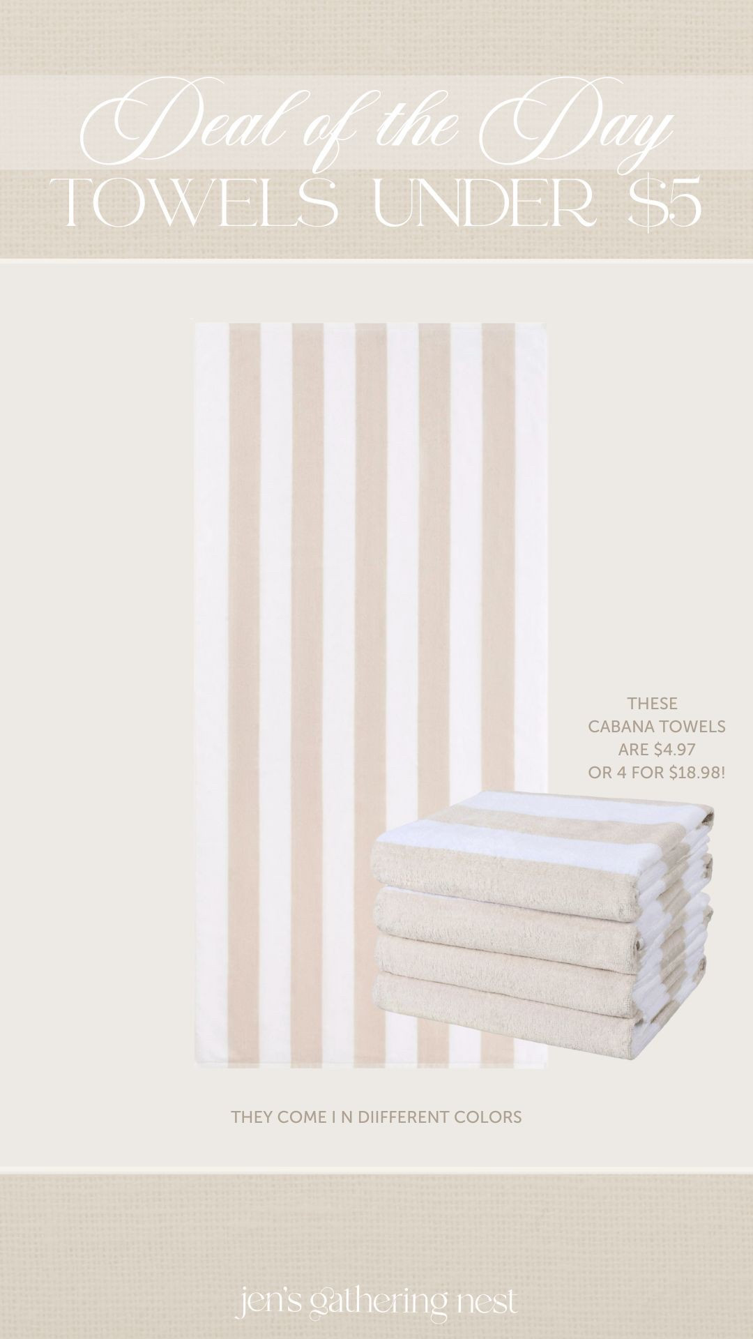 Deal of the day - Walmart cabana striped beach towels under $5! They come in different colors too 🐚 

#beachtowel #pooltowel #cabanatowel #stripedtowels #towels #beachtowels #salealert #dealalert #walmartfind #walmart #walmarthome #beachessentials #summermusthaves

#LTKSeasonal #LTKFindsUnder50 #LTKSaleAlert