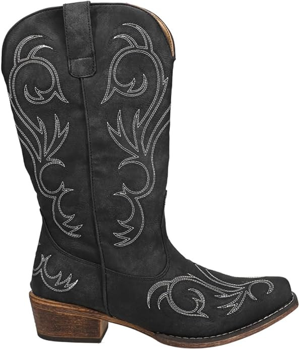 ROPER Womens Riley Embroidered Snip Toe Casual Boots Mid Calf Low Heel 1-2" - Black | Amazon (US)