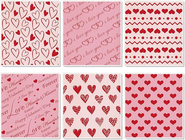 6-Pack Valentine's Day Swedish Dishcloths - Red & Pink Heart Cotton Kitchen Towels, Reusable & Ab... | Amazon (US)