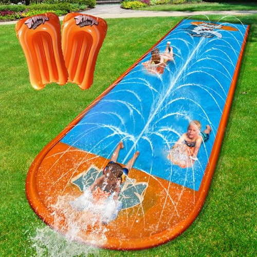 Slip Water Slide,17ftx5ft Slip Water Slide for Kids Backyard Lawn,Summer Water Toys Outdoor Sprinkler with 2 Sliding Racing Lanes and 2 Inflatable Bodyboards | Amazon (US)