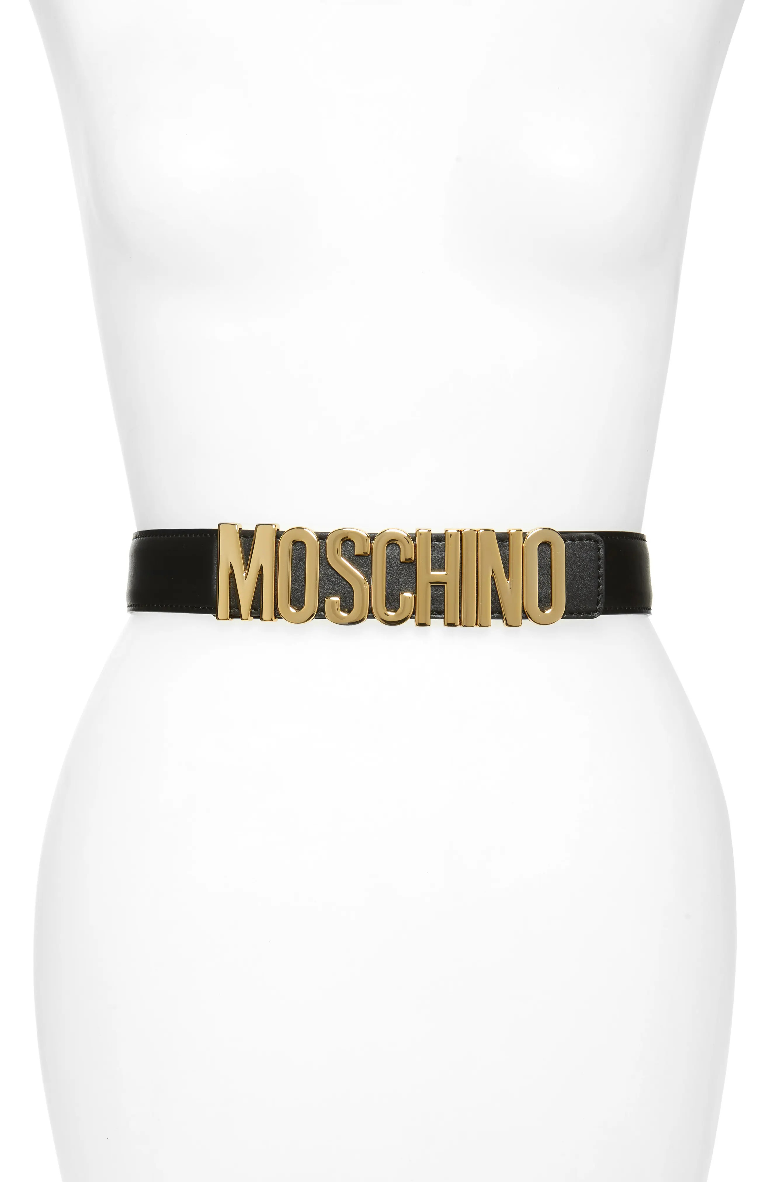 Women's Moschino Logo Plate Leather Belt, Size 40 - Black W/ Gold | Nordstrom
