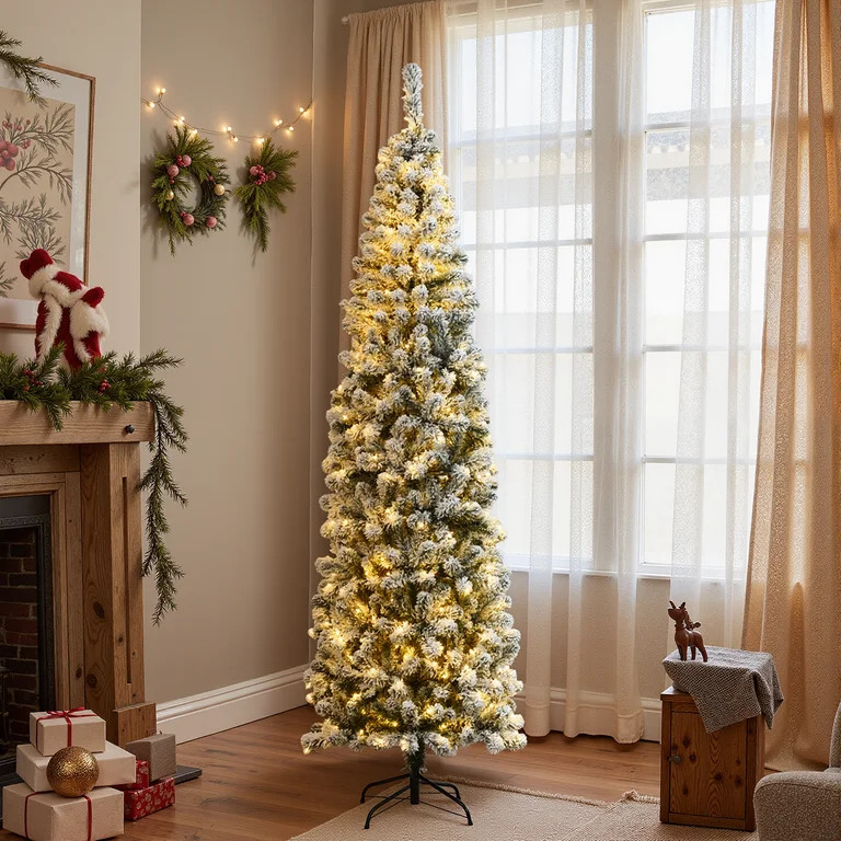 Costway 7.5Ft Pre-lit Snow Flocked Artificial Pencil Christmas Tree with 350 LED Lights | Walmart (US)