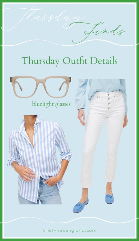 My Thursday outfit linked. TALL sizing in the jeans too 🫶🙌🏻 all on sale. 

White jeans, white button fly jeans, bluelight glasses, bluelight readers, blue striped shirt, coastal outfit, blue loafers, periwinkle loafers, jcrew, j crew factory, spring outfit, white straight leg ankle jeans, tall white jeans

#LTKsalealert #LTKFind #LTKSeasonal