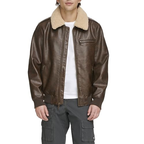 Levi's Men's Faux Leather Aviator Bomber Jacket with Sherpa Collar, Brown | Amazon (US)