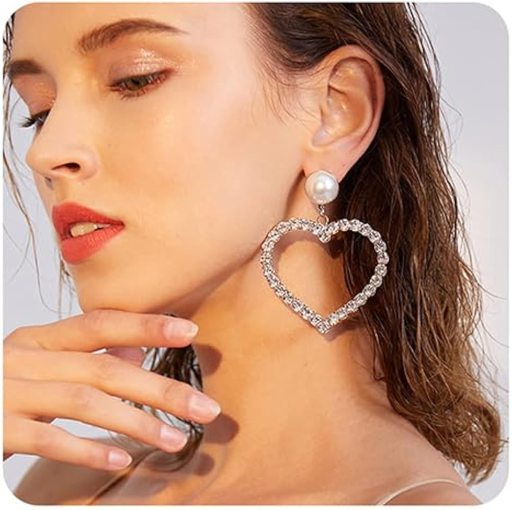 Xerling Pearl Crystal Rhinestones Love Heart Dangle Earrings Statement Wedding Drop Earrings for ... | Amazon (US)