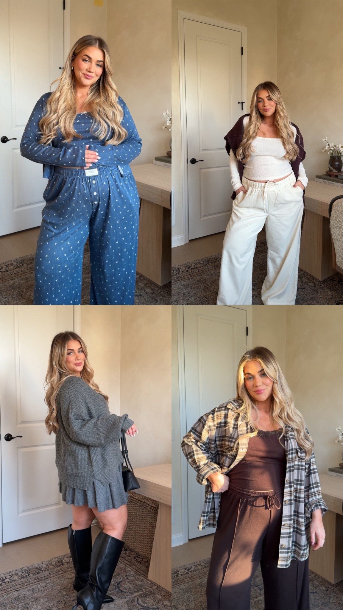 
My recent @americaneagle haul! 🤍✨  (insert sale if applicable) sharing my sizing below. 

Knit gray skort — large 
Sweater — XL
Tank — medium 
White jeans — 12 
Blue jeans — 12 (need a 14 or 16 for bump) 
Long sleeve White knit top — medium 
Sweater — XL
Blue set — large 
Brown set — large 
Flannel — XL 

#AEJeans #AEPartner
