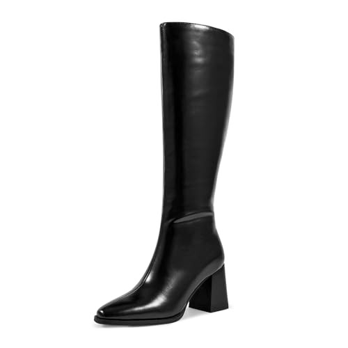 wetkiss Black Boots for Women Knee High Boots Womens Chunky Boots Chunky Heel Tall Boots Round Toe Long Boots Black Fall Boots Almond Toe High Knee Boots Stacked Block Heeled Boots PU Leather Boots | Amazon (US)