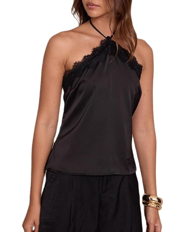 Giraropa Women Lace Trim Halter Neck Tank Top Sexy Tie Up Backless Slim Fit Silk Satin Tops Summe... | Amazon (US)