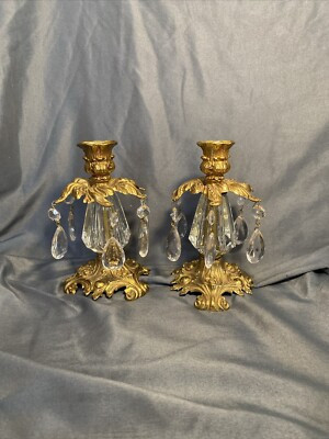 2 Vtg L&L WMC 1973 Brass & Glass Regency CANDLE STICK HOLDERS w/ Prisms 9320  | eBay | eBay US
