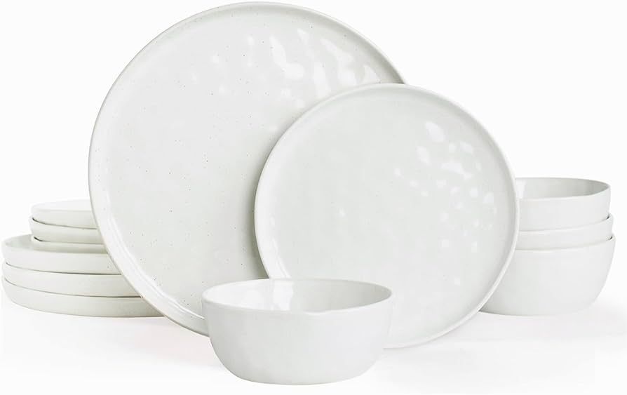 Famiware Mars Plates and Bowls Set, 12 Pieces Dinnerware Sets, Dishes Set for 4, White | Amazon (US)