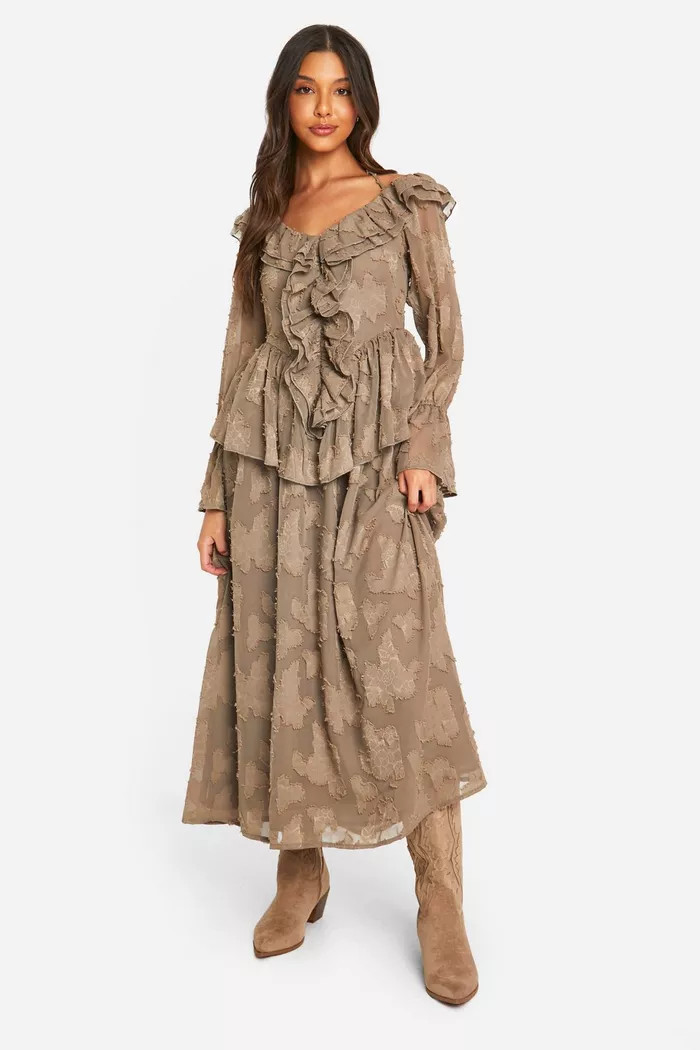 Textured Ruffle Front Midaxi Dress | boohoo (US & Canada)