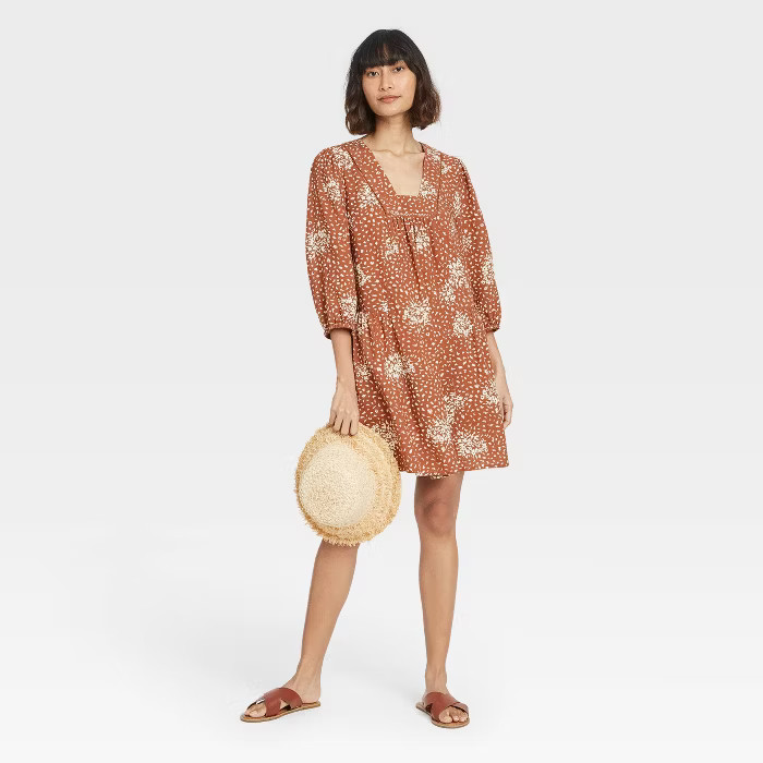 Women's Long Sleeve Shift Dress - Knox Rose™ Rust Polka Dot S | Target
