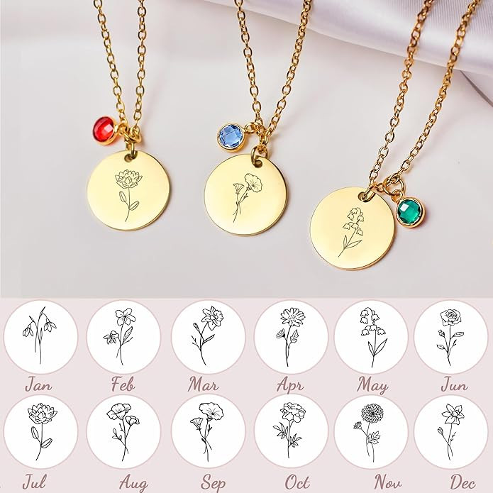 Birth Flower Necklaces for Women, 18K Gold Plated Dainty Birthstone Pendant Necklaces Handmade Bi... | Amazon (US)