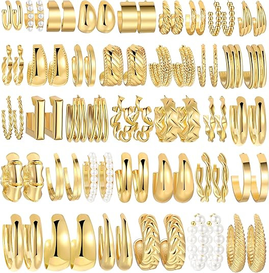 36 Pairs Gold Hoop Earrings Set for Women, Fashion Chunky Gold Hoop Earrings Multipack, Hypoaller... | Amazon (US)