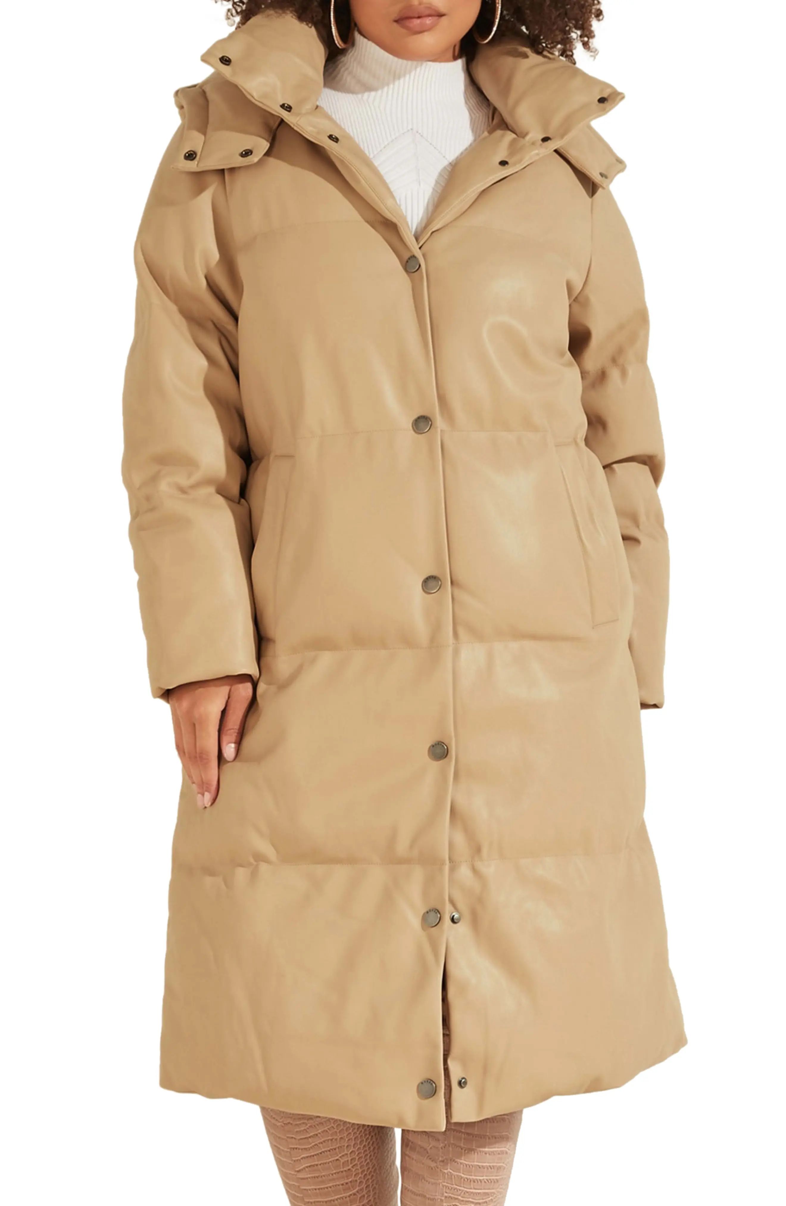 GUESS Emilie Long Hooded Puffer Jacket in Beige at Nordstrom, Size Medium | Nordstrom