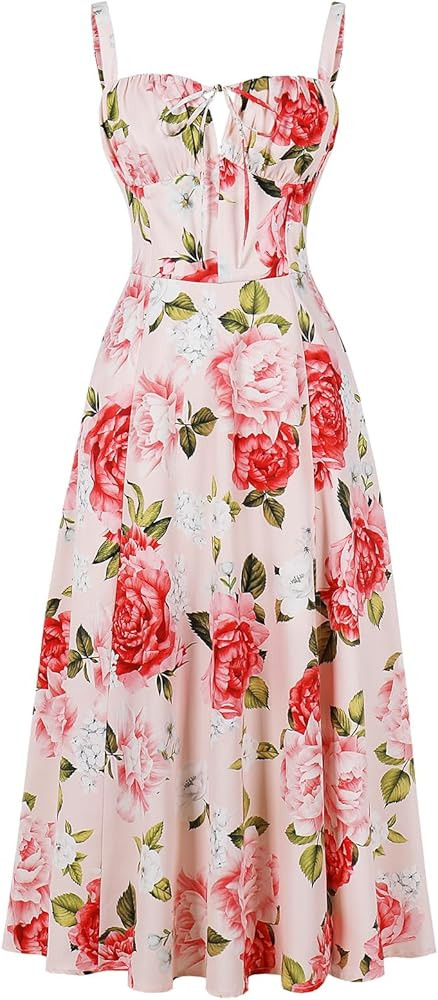 Women Floral Corset Dress, Boho Summer Spaghetti Straps Square Neck Casual Midi Dress Flowy Slit ... | Amazon (US)