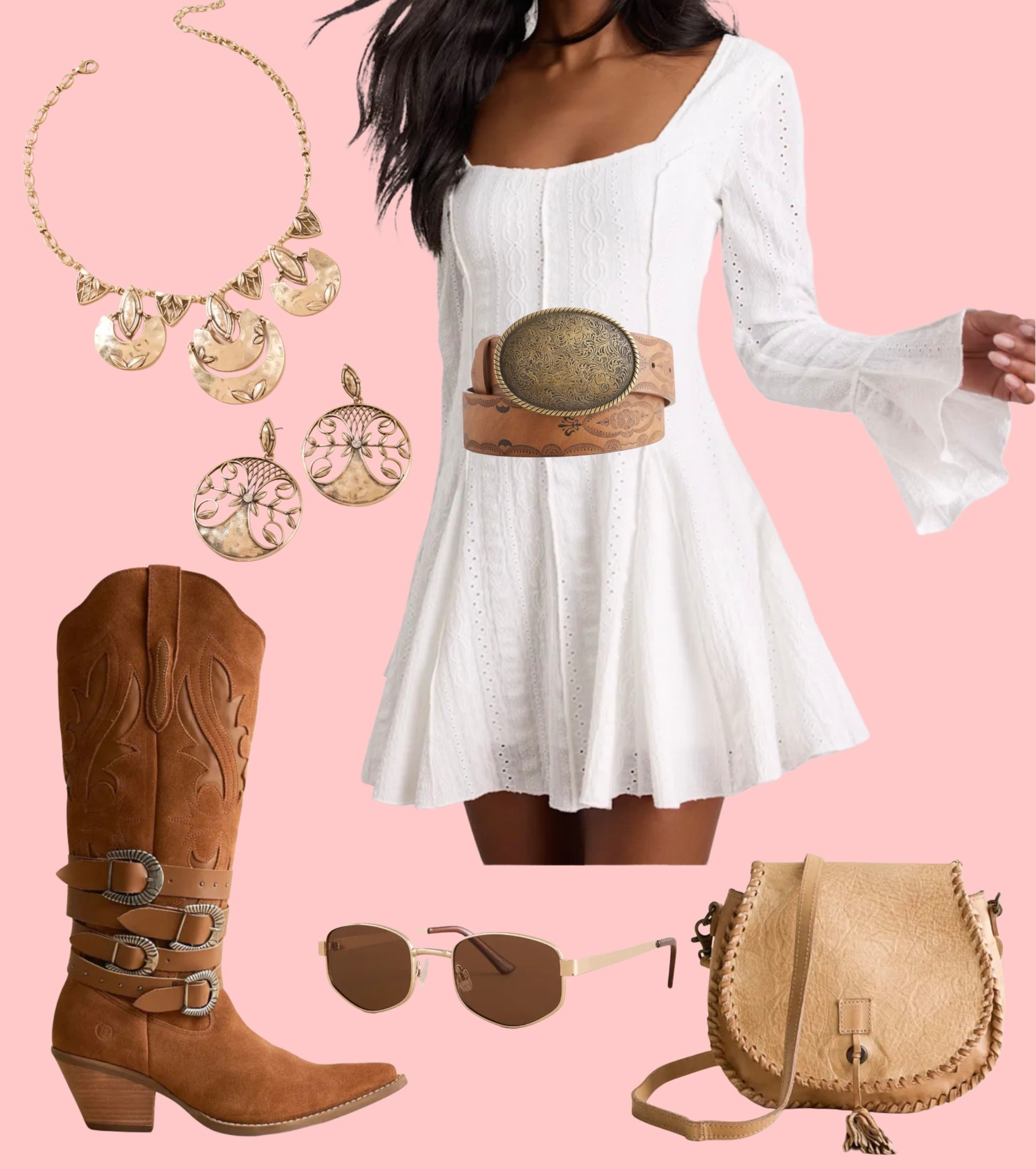 White bell sleeve mini dress paired with brown western boots and accessories!

#LTKSaleAlert #LTKootd #LTKSeasonal