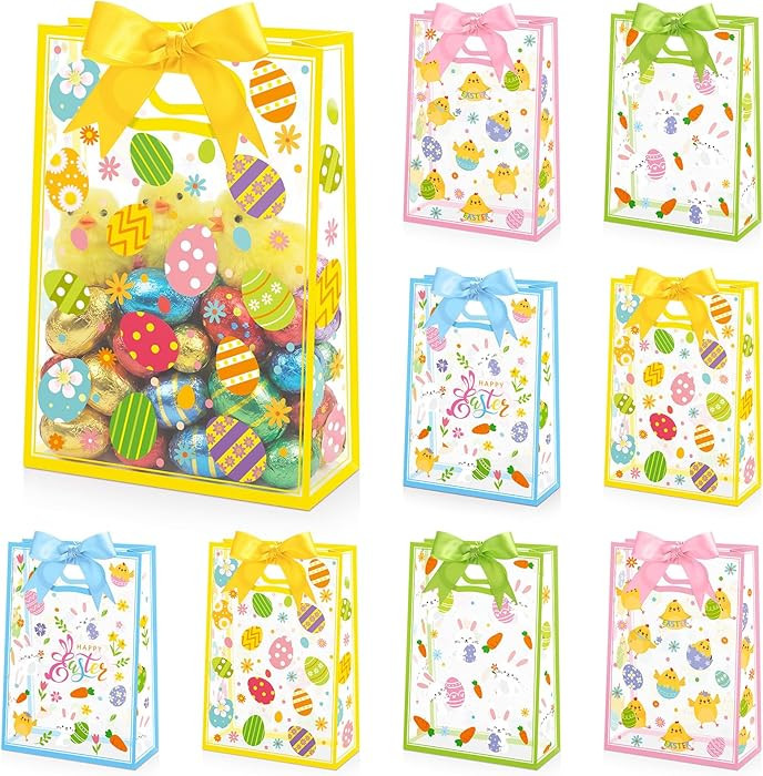 Hosuly 24 Pcs Clear Easter Gift Bags with Handle Bulk Easter Transparent PVC Goodie Bags with Rib... | Amazon (US)