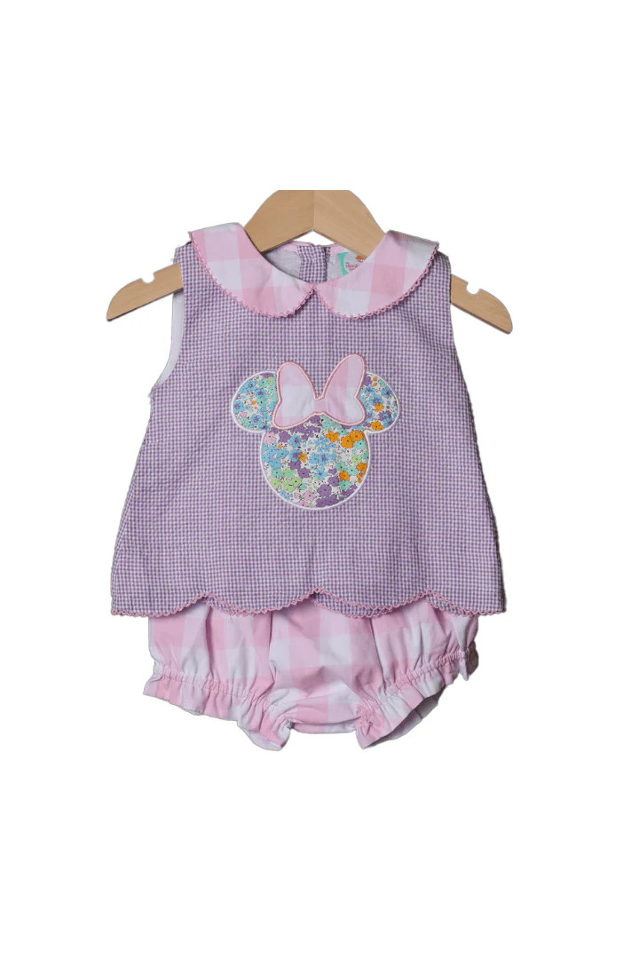 Applique Mouse Purple Gingham/Floral Bloomer Set | The Smocked Flamingo
