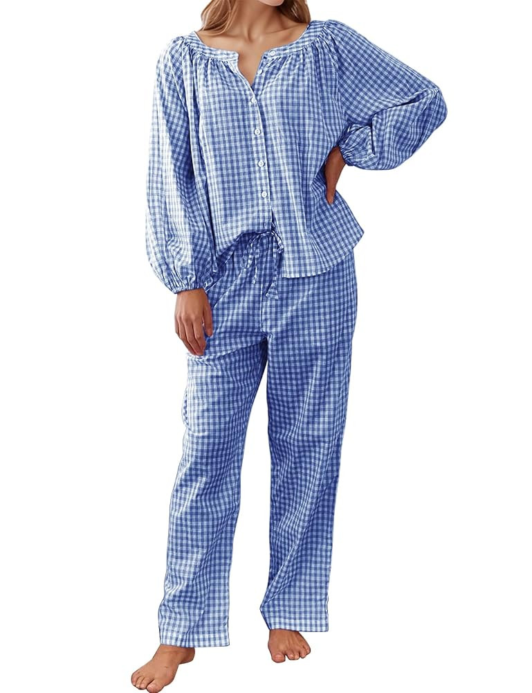 Flygo Womens Gingham Pajama Set 2 Piece Cotton Plaid Raglan Sleeve Button Top Straight Leg Pants ... | Amazon (US)