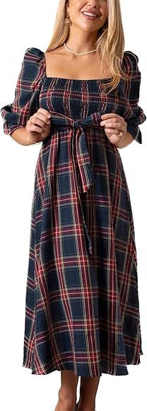 CUPSHE Women's Maxi Dress Square Neck Plaid Smocked Belted Ruffled 3/4 Trumpet Sleeve A Line Long... | Amazon (US)