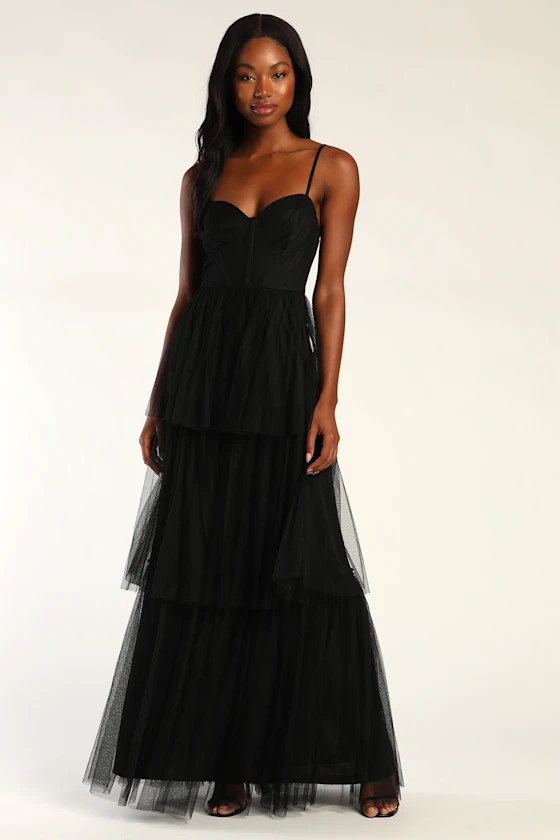 Tulle-y Amazing Black Tulle Sleeveless Bustier Maxi Dress | Lulus