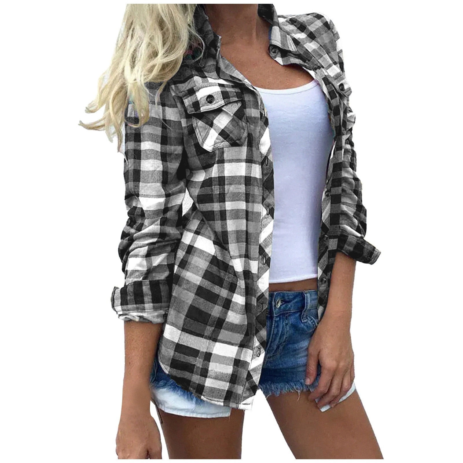 Dezsed Women's Oversized Button Up Long Plaid Shirts Clearance Womens Sexy V-neck Collar Zipper C... | Walmart (US)