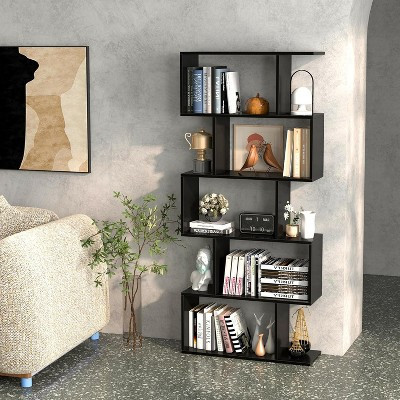 KTMBDW 5 Tier Geometric Bookcase,S Shaped Bookshelf, Modern Freestanding Display Shelves, Tall Book Shelf Unit for Living Room Bedroom, Rustic Black | Target