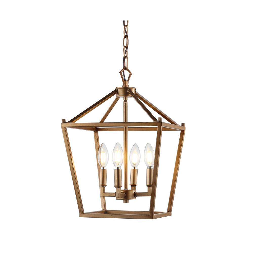 JONATHAN Y Pagoda 12 in. 4-Bulb Antique Gold Lantern Metal LED Pendant | The Home Depot
