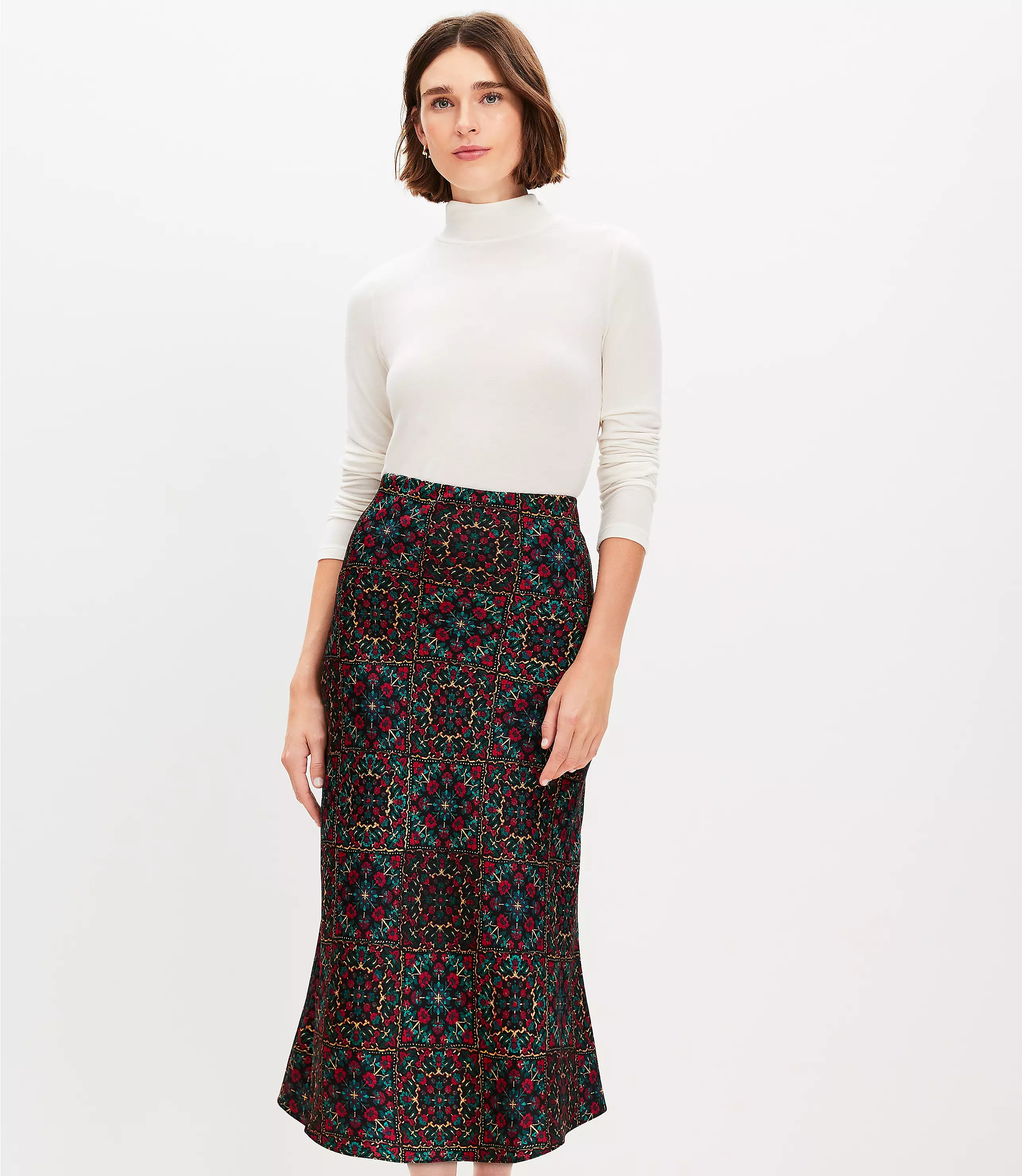 Petite Ornamental Floral Satin Bias Midi Skirt | LOFT