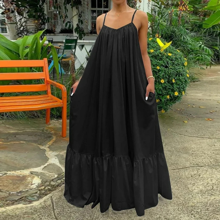 LADIGASU Summer Dresses for Women Casual Strap Dress Pocket Loose Backless Big Dress | Walmart (US)